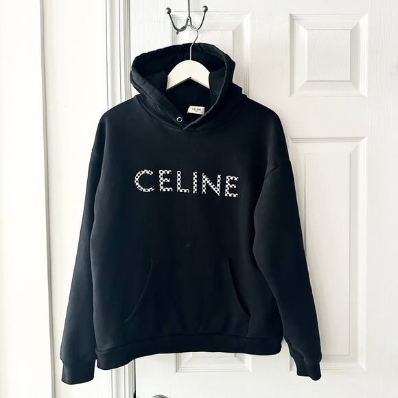 Celine Black Loose Oversized Checkered Studded Logo Drawstring Hoodie Small Read - Picture 1 of 11